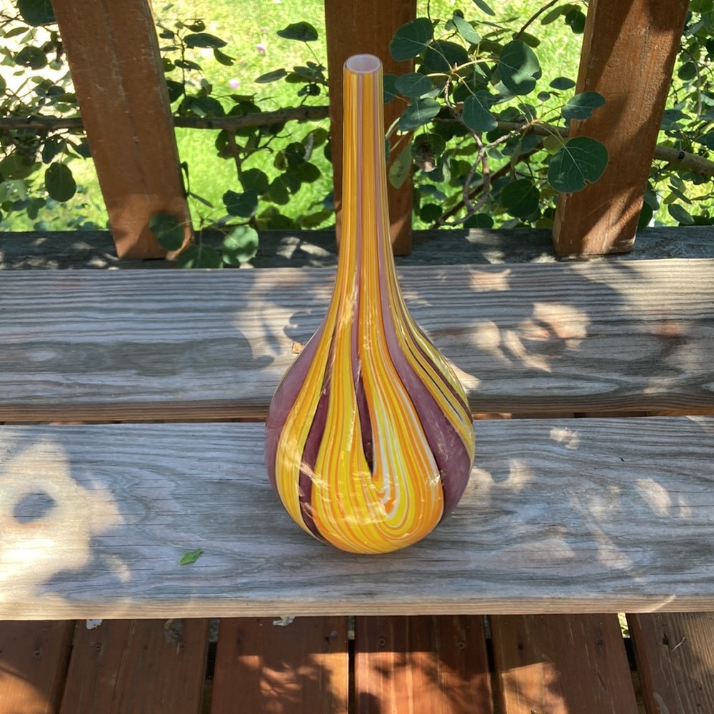 Glass Vase Hand Made in Poland Purple, Yellow, Orange, White 12 inches tall